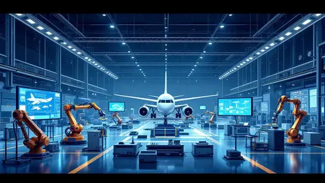 Modern aerospace factory robotic arms aircraft assembly digital screens europe technological advancement