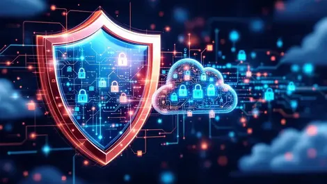 Shield protecting cloud with abstract data streams and digital locks symbolizing ai security