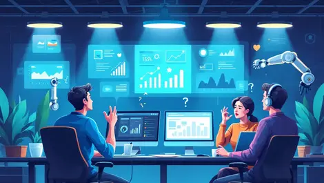 Marketers analyzing data charts creative content ai assistance office tension