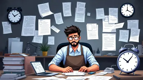 Australian small business owner overwhelmed by paperwork digital devices clocks