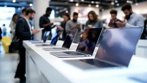 Modern electronics store uk laptops display counter shoppers high tech photo