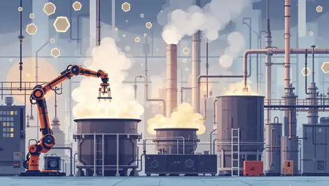 Modern chemical factory automated robots vats pipelines hexagonal molecules efficiency