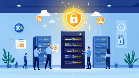 Secure server room business people inspecting data center equipment with security shields locks