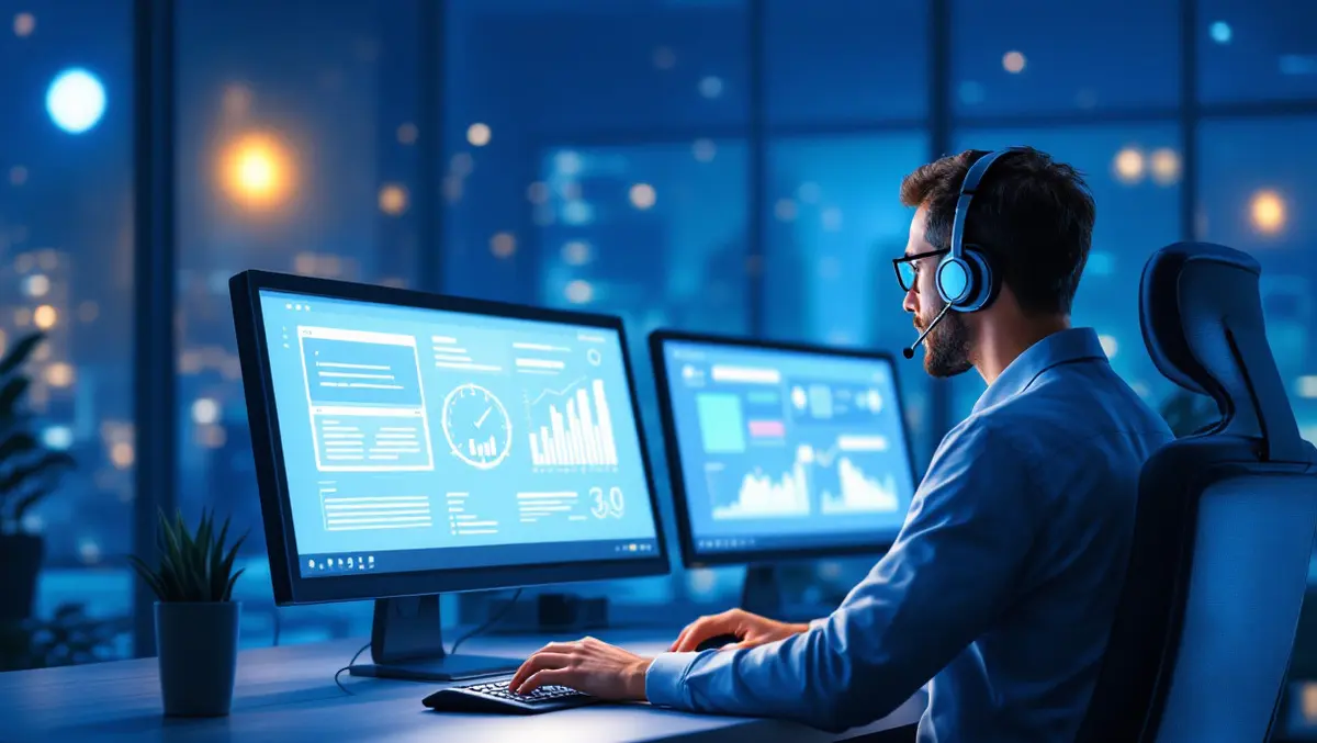 Realistic technical support engineer headset monitoring multiple screens night global customer service