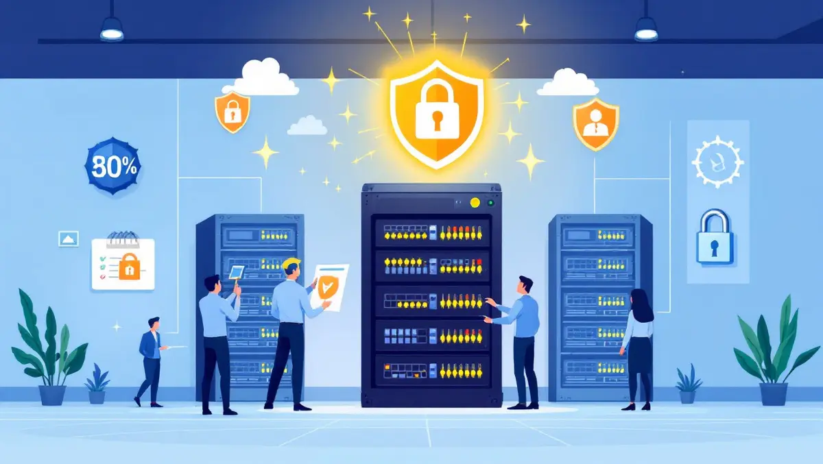 Secure server room business people inspecting data center equipment with security shields locks