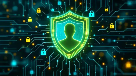 Shield human silhouette with digital network lines security locks