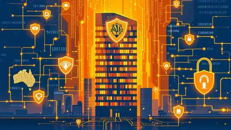 Australian office building digital security shields binary code ai threat shadows cybersecurity