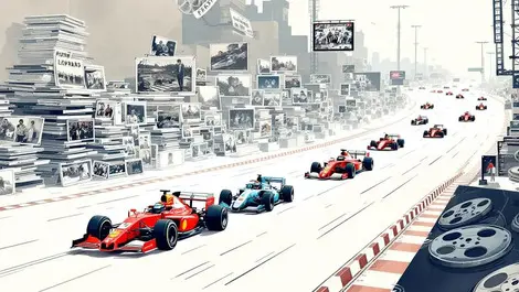 Vintage modern formula 1 cars racing timeline photos film reels to digital screens