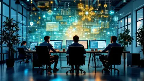 Realistic illustration software developers collaborating ai coding automation