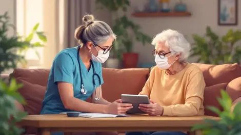 Australian elderly person receiving home care healthcare worker tablet cozy home