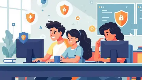 High school students using computers with online security icons classroom