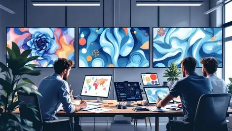 Creative workspace artists sketching designers using digital tablets abstract ai patterns