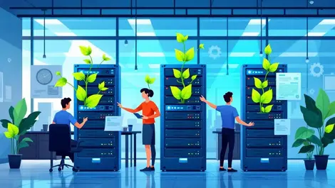 Uk it team evaluating sustainable servers with green leaves modern office