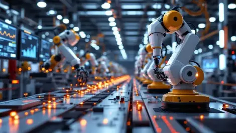 Photorealistic advanced industrial robots automated factory floor analytics