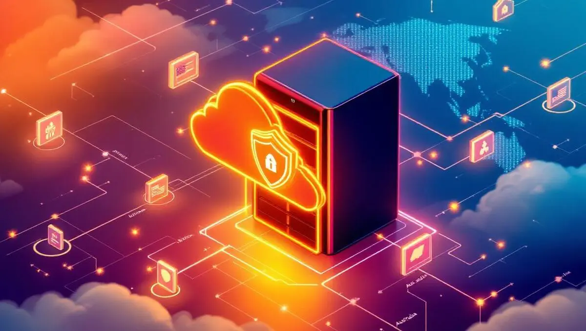 Stylized secure cloud servers glowing shields global connectivity uk us asia aus