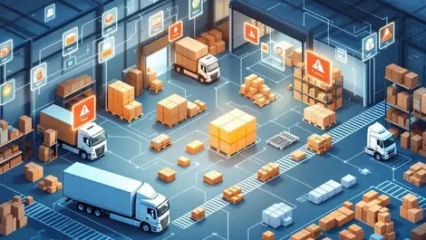 Modern warehouse digital supply chain illustration trucks loading shelves australia