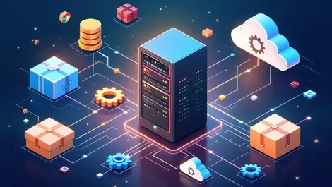 Computer server rack with interconnected software cubes gears cloud icons modern data center