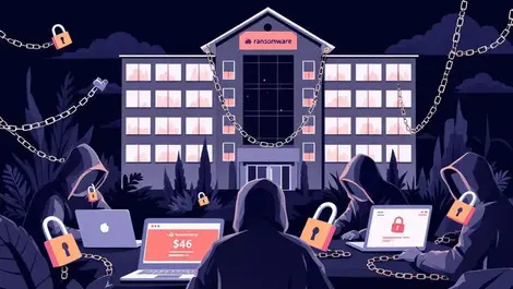 Illustration office building australia hooded figures laptops digital padlocks ransomware attack threat