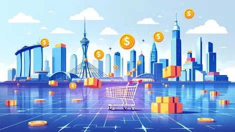 Singapore skyline digital shopping carts money symbols global online sales