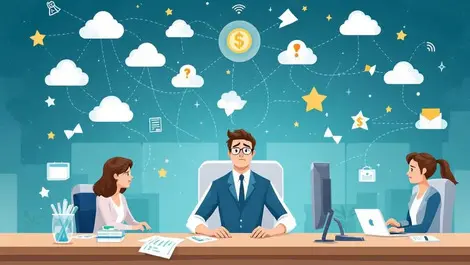 Financial office worried employees disconnected cloud icons broken data links supply chain disruption planning