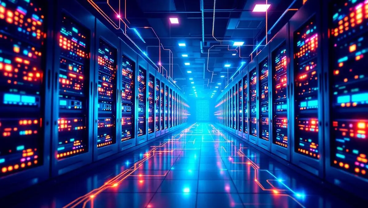 Modern data centre server racks glowing network connections highspeed data transfer