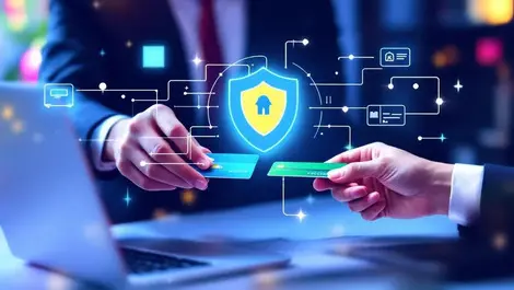 Secure digital payment transaction credit card shield exchange laptop modern american office