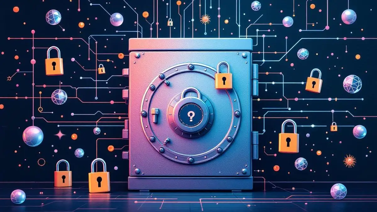 Secure data vault protected by padlocks quantum particles cybersecurity threats