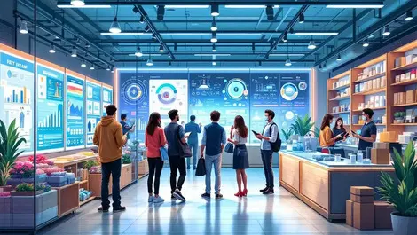 Busy retail store shoppers digital screens employees tablets ai tech integration