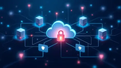 Interconnected servers cloud icons security shields network data flow it security management