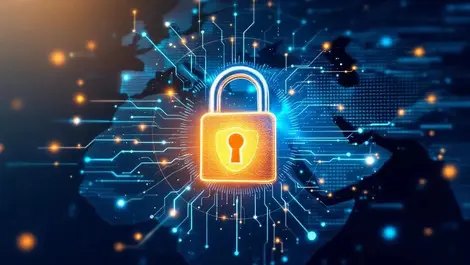 Digital lock abstract data streams security shield emea map background