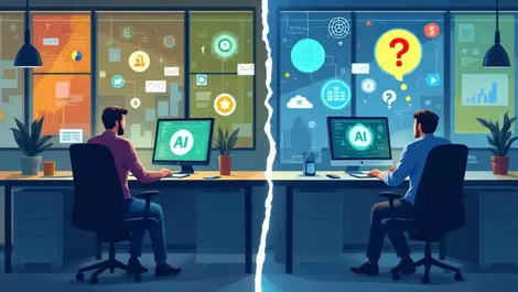 Office workers uk modern finance ai adoption gap illustration symbolism