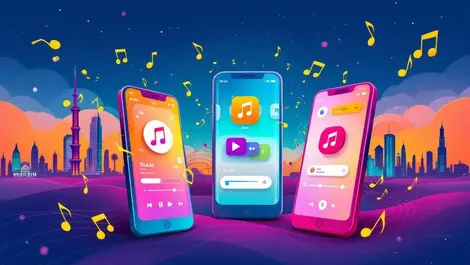 Smartphone music streaming apps musical notes dubai riyadh skyline