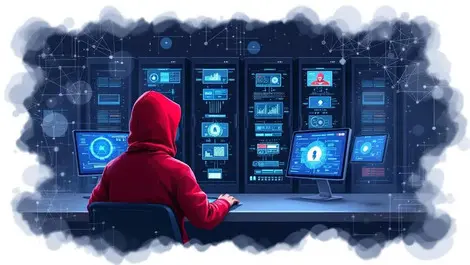 Realistic server room ai neural network patterns red hoodie threat simulations