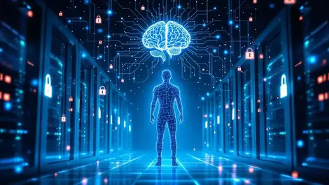 Cinematic ai identity silhouette between secure servers with shields