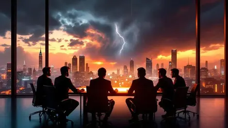 European boardroom cybersecurity storm city skyline dusk scene