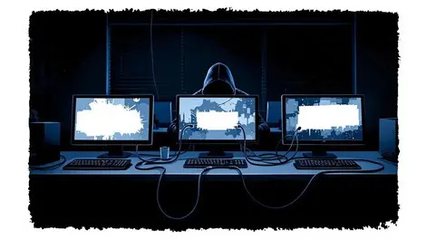 Dark office ransomware scene hooded hacker chained computers night