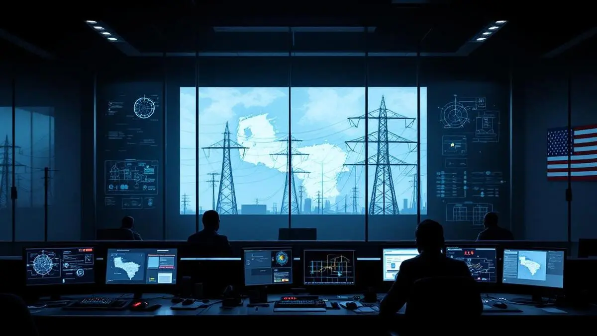 Moody control room venezuela power grid map usa flag reflection