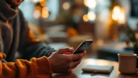 Cozy living room caucasian person iphone mobile ai assistant chat