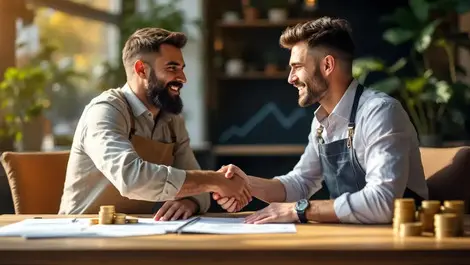 Uk high street shop owner meets business lender approved loan handshake