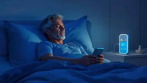 Modern bedroom sleeping patient wireless sleep monitor telehealth hub