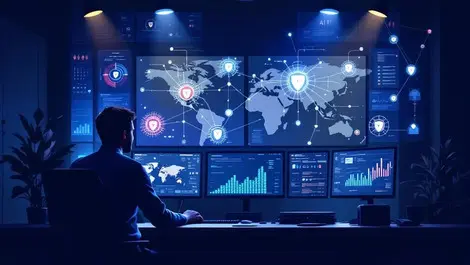 Corporate it soc analyst ai network screens dark modern office