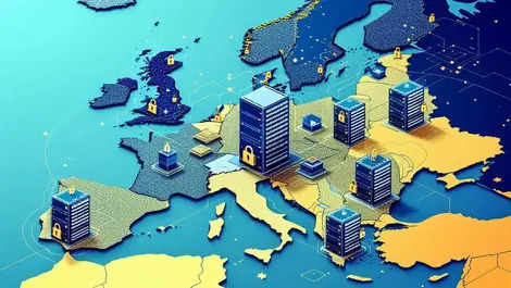 Isometric eu data centers map with padlocks data sovereignty