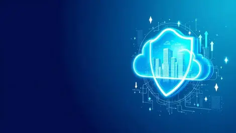 Glowing cloud shield over office skyline enterprise security growth