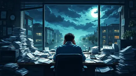 Tired nz small business owner night desk bills tax stress scene