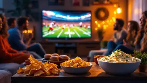 Super bowl living room watch party mayo dip chips sliders