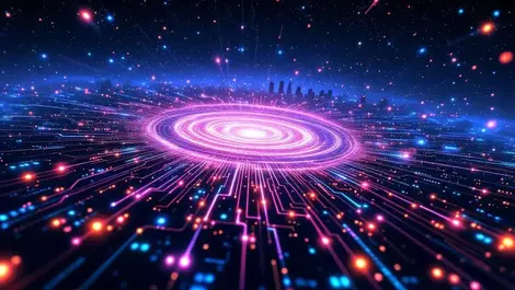 Ai quantum circuit board galaxy nodes los angeles skyline