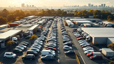 Sydney used car logistics hub aerial trucks skyline afternoon