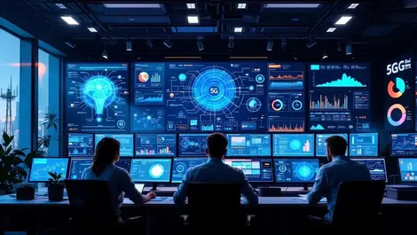 5g telecom control room engineers monitoring network dashboards