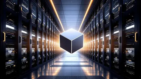 Modern data center corridor interlocking cubes ai merger visual