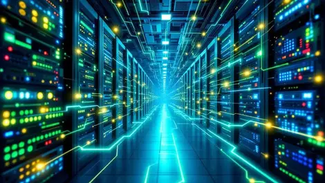 Modern datacenter rows glowing network paths fast data streams
